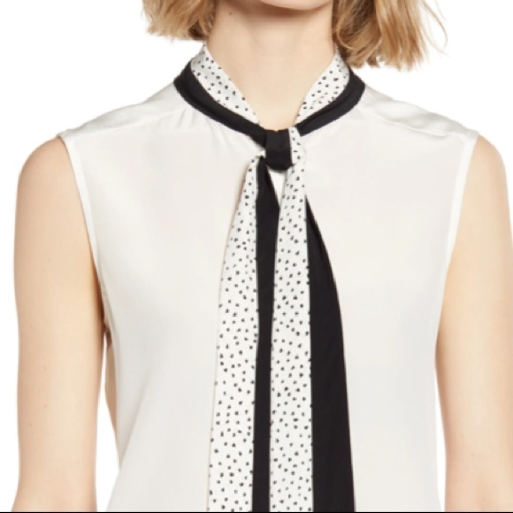 7 FOR ALL MANKIND Ivory Black Contrast Neck Tie Sleeveless Top size small - Picture 2 of 11